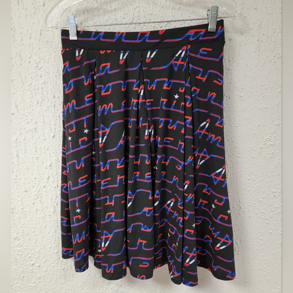 LuLaRoe Black Skirt with Red and Blue Script